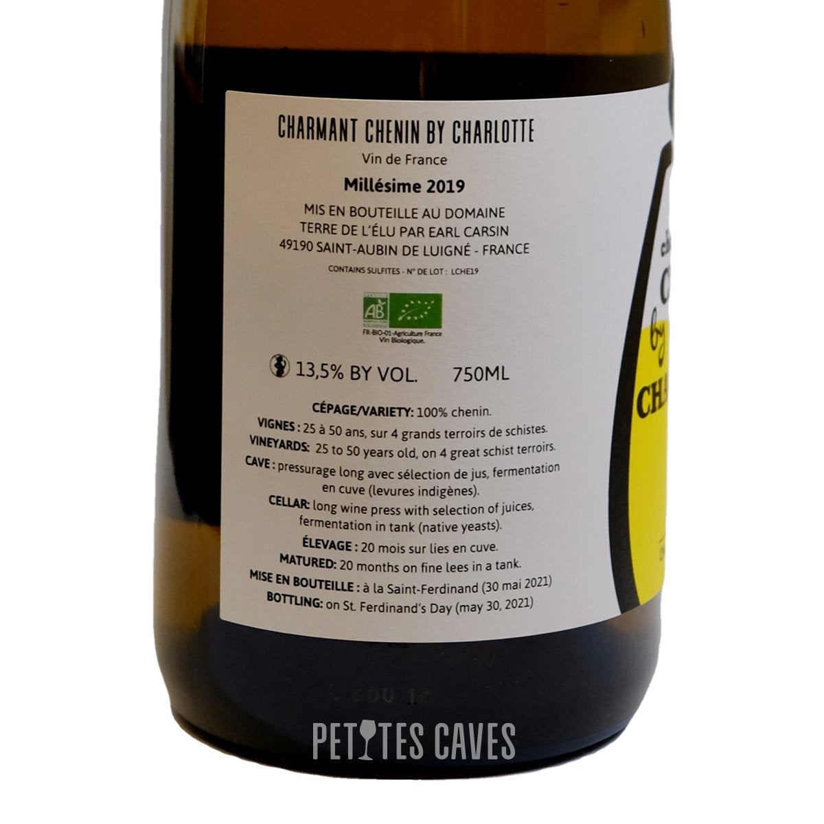 Charmant Chenin by Charlotte 2019 - Vin de France - Domaine Terre de l'Elu (Charlotte et Thomas Carsin), une cuvée en exclusivité avec et pour Petites Caves  ! Etiquette gauche